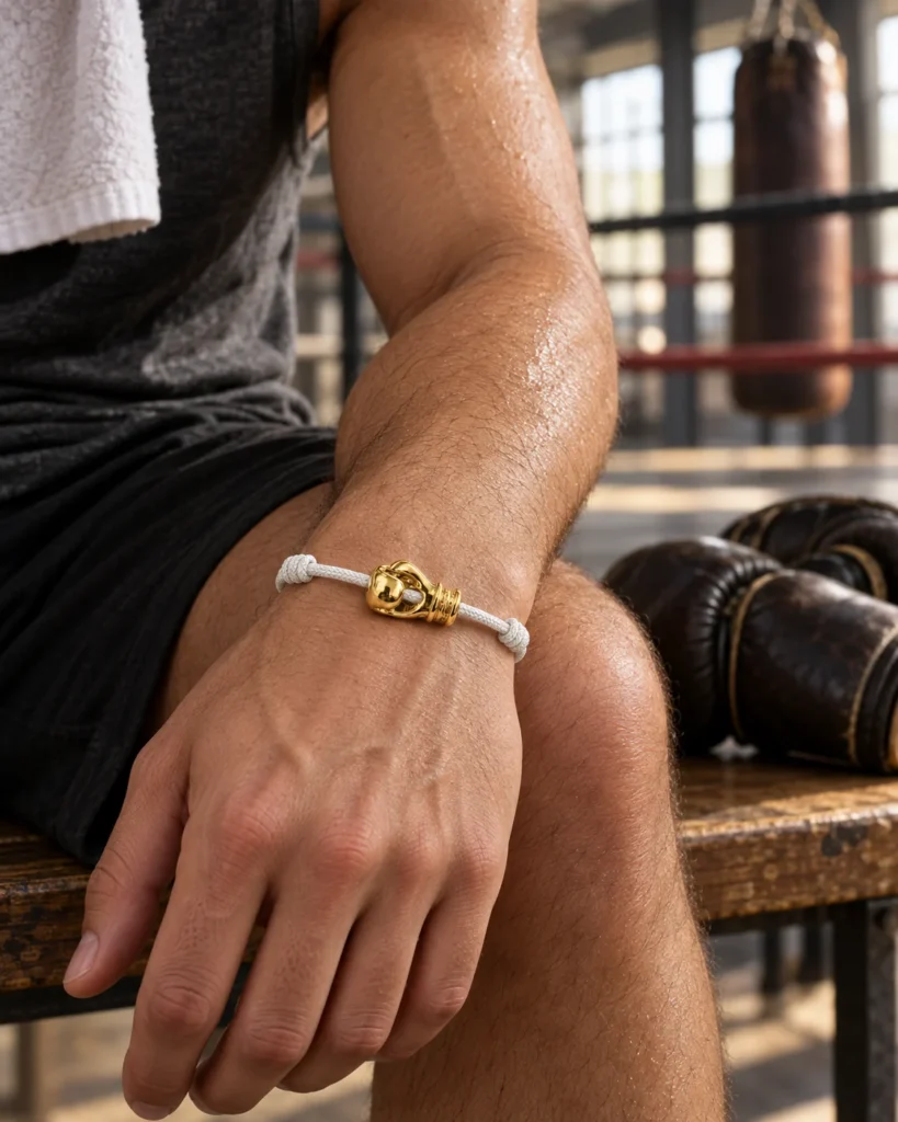 Bracelet Boxe BONIDAY doré porté au poignet