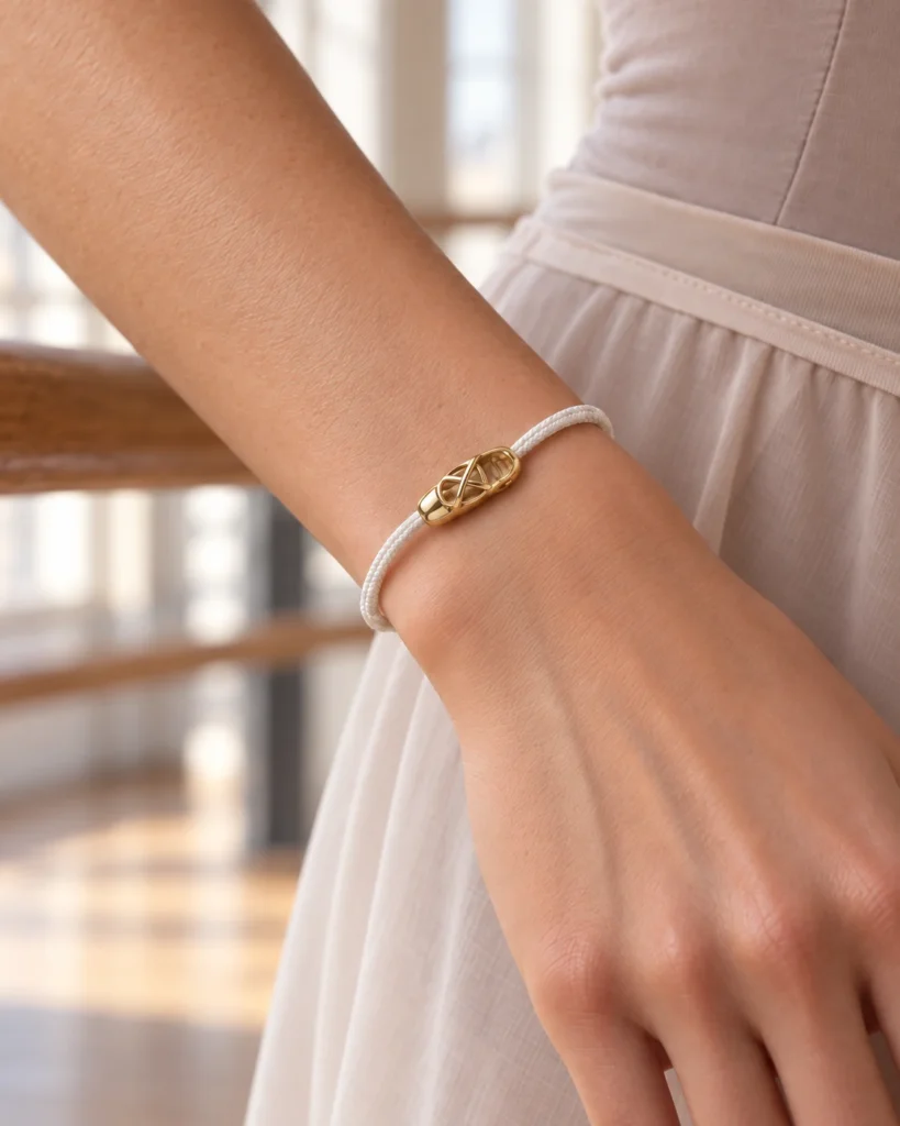 Bracelet Danse BONIDAY doré sur cordon blanc porté au poignet