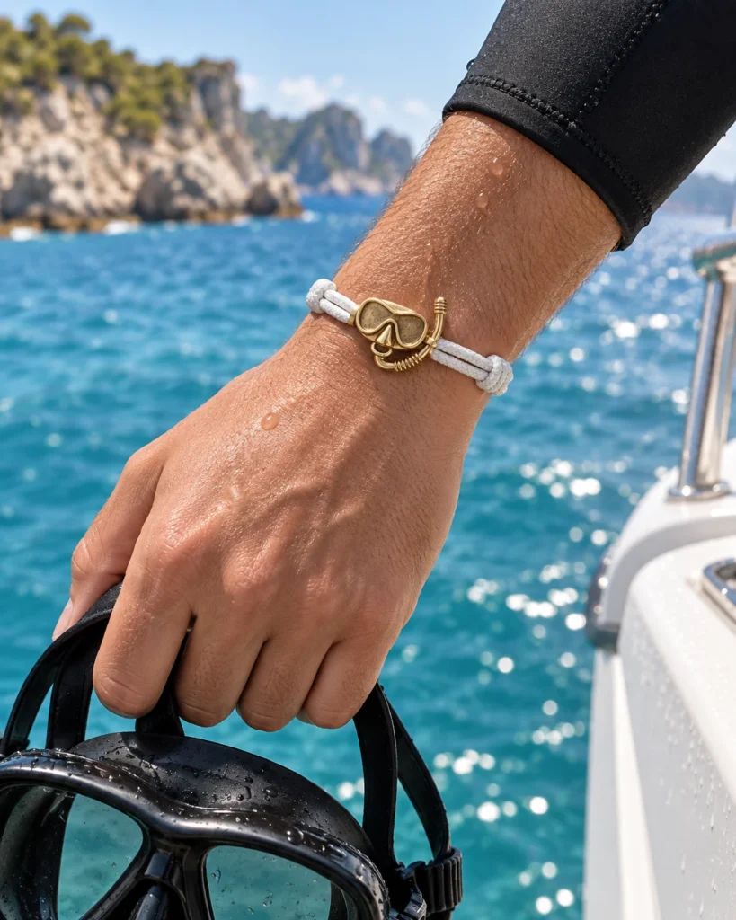 Bracelet Plongée BONIDAY doré porté au poignet en bord de mer